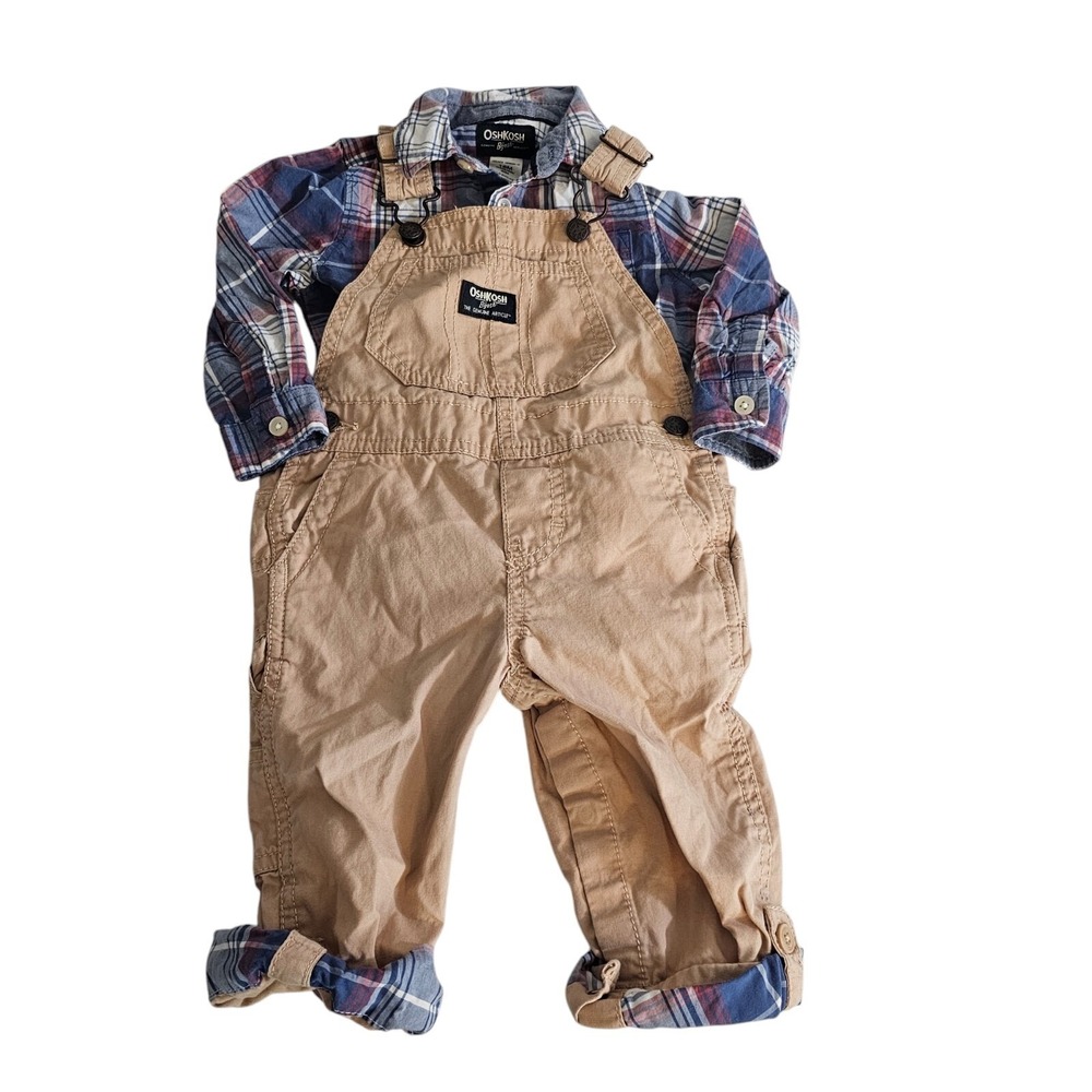 Oshkosh B'gosh Vestbak 2 Piece Set 18 mo Denim Bib Overalls Romper Roll Cuff